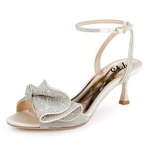 FYS Beige Rhinestones Bow Peep Toe Low Kitten Heel Ankle Strap Sandals